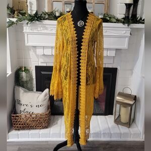 Polly & Esther Mustard Floral Mesh  Lace Bell Sleeves Fedtival Kimono Cardigan M
